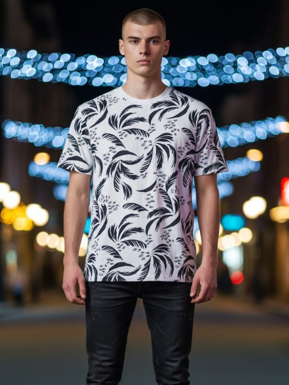 Jack & Jones Premium Palm Leaf Print Crew Neck T-Shirt - White - Size Large - Picture 1 of 6